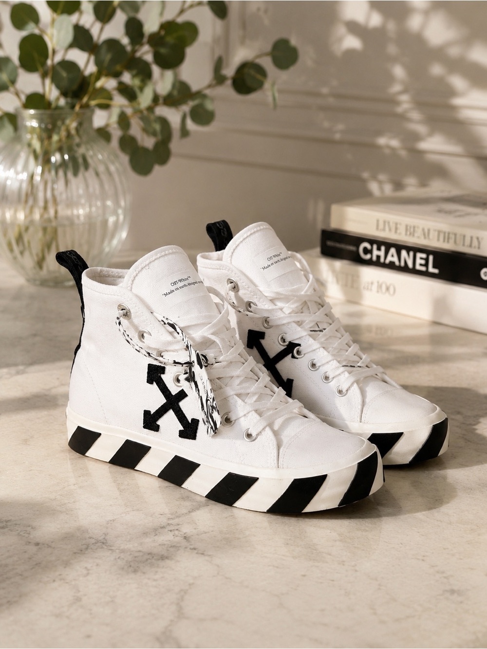 White High-Top Sneakers with Black Arrow Graphic